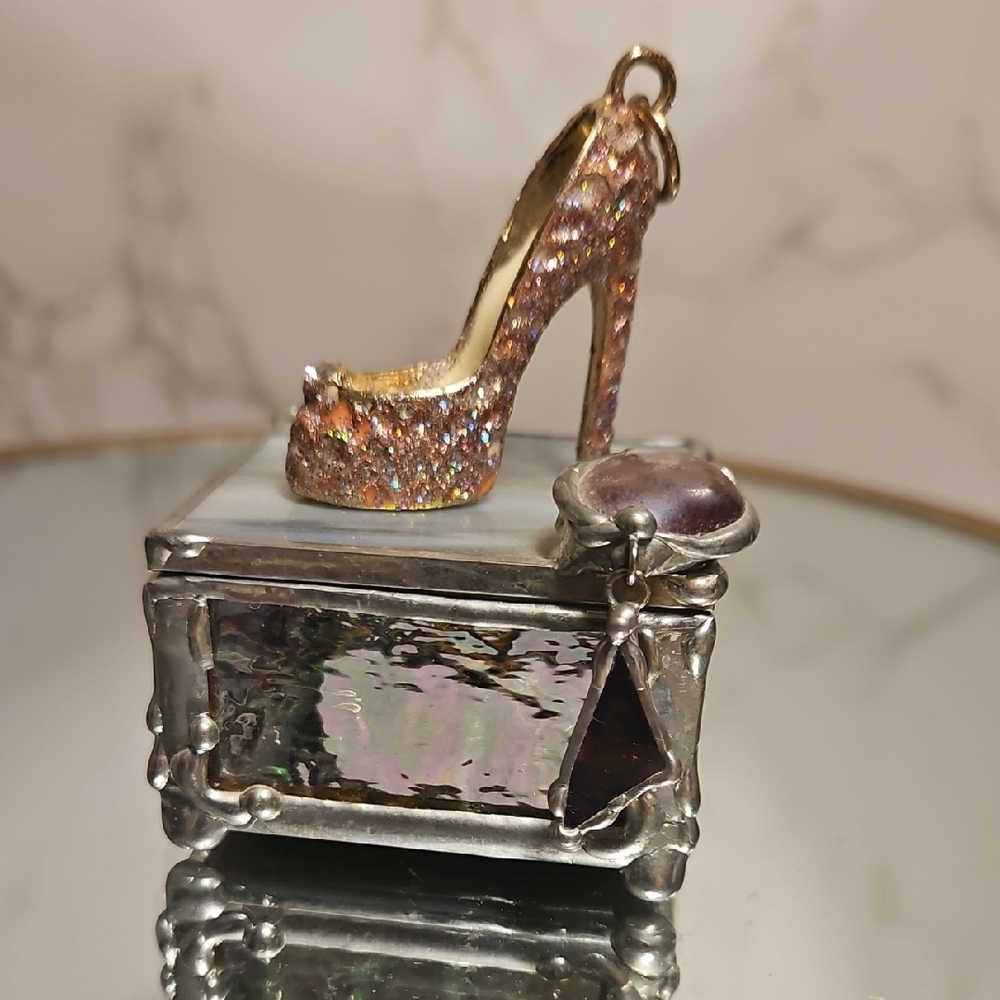 Glitter PINK High Heel Shoe CHARM And Trinket Box Of Abalone And Silver